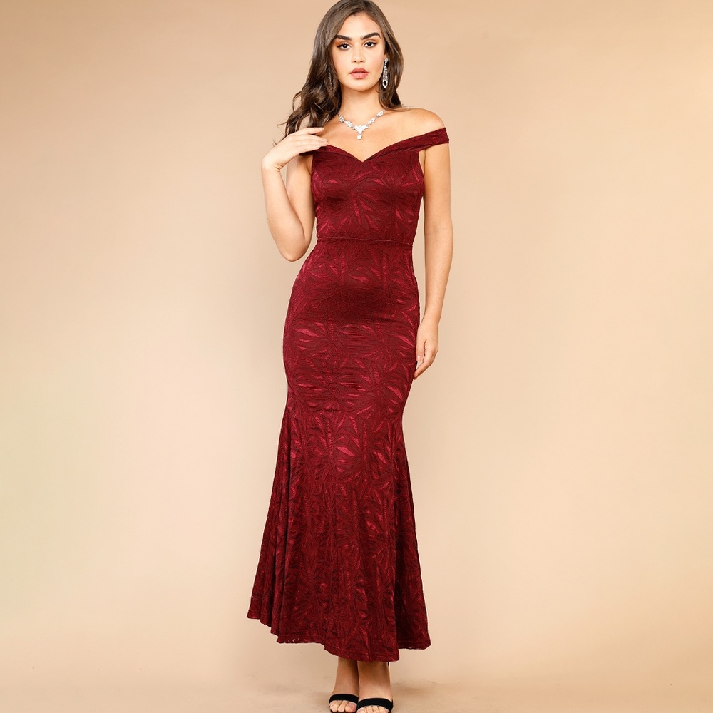 Off Shoulder Maroon Lace Maxi Dress/Gown